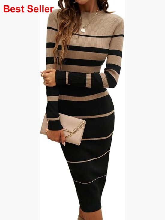 Dresses & Skirts - Long Sleeve Crew Neck Bodycon Midi Ribbed Knit Slim Fit Sweater Dress